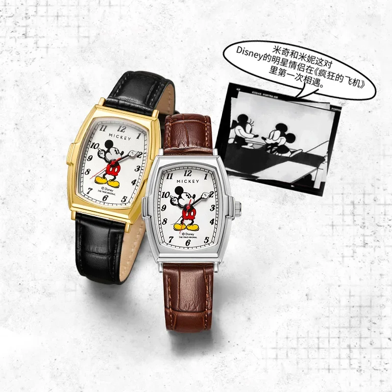 Disney Original Unisex Men Women Tonneau Dial Mickey Mouse Quartz Wristwatch Luminous Waterproof Boy Girl Student Cartoon Clock