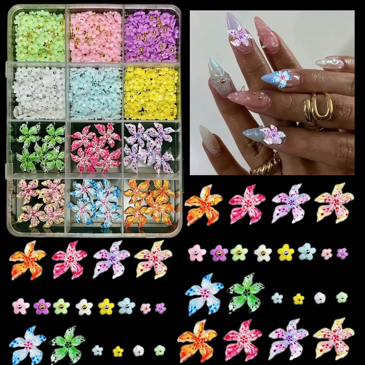 1 caixa 3d criativo colorido manchado flores resina decorações da arte do prego minimalista mini concha estrela de quatro pontas encantos do prego para diy