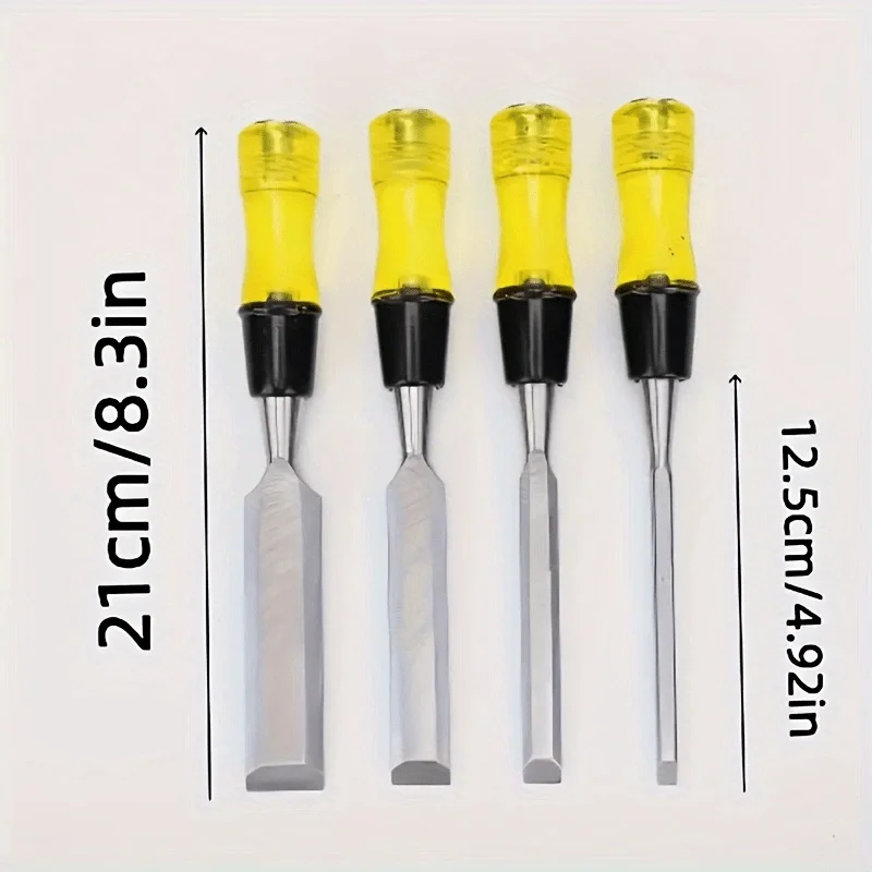 Set di scalpelli per legno da 4 pezzi per la lavorazione del legno Lama con bordo smussato in acciaio CR-V Utensile manuale per scalpello per legno con manico ad alto impatto in PVC durevole