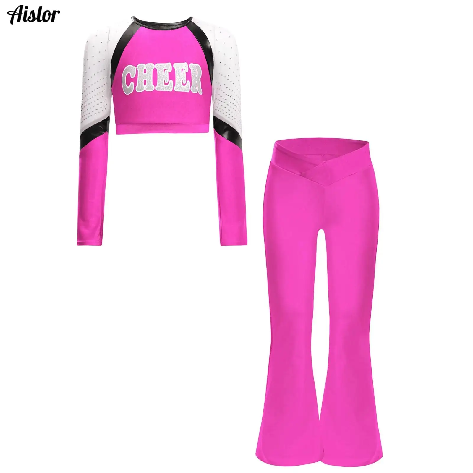 

Kids Girls Cheerleading Uniform Dance Costume Shiny Rhinestones Long Sleeves Letter Print Color Block Crop Top+Flared Pants 2Pcs
