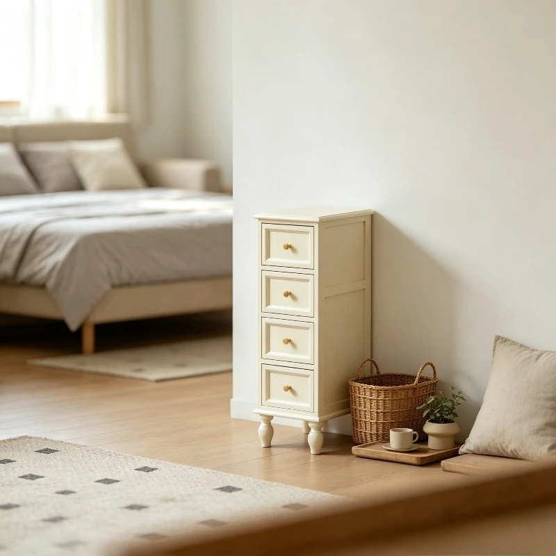 Thick Solid Wood Vintage Narrow 28cm Dresser Nightstand Drawer Storage Cabinet Brass Pulls Timber Slides Water Resistant
