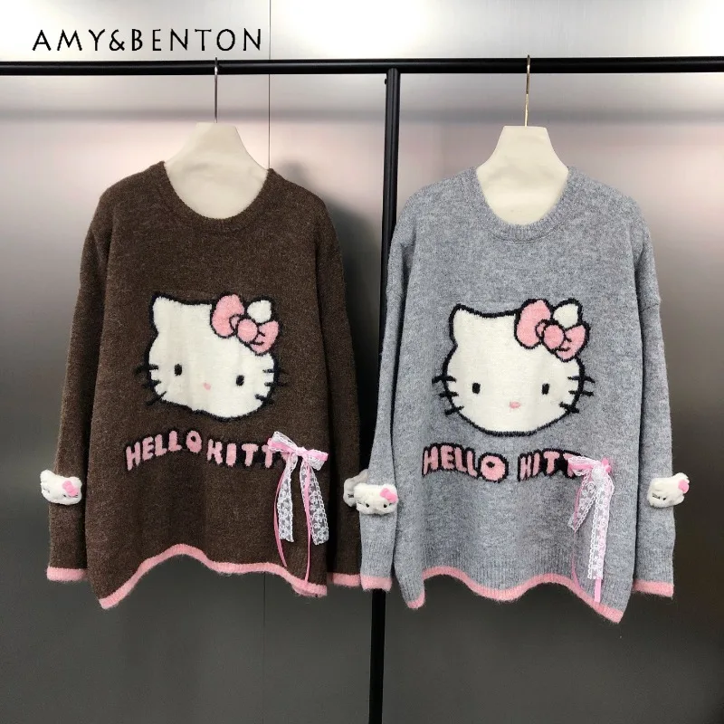 

Осень-зима 2025 г., корейский стиль, милый темперамент, кружевной бант, жаккардовая куртка с героями мультфильмов, свободный вязаный свитер, пуловер, верхнее пальто