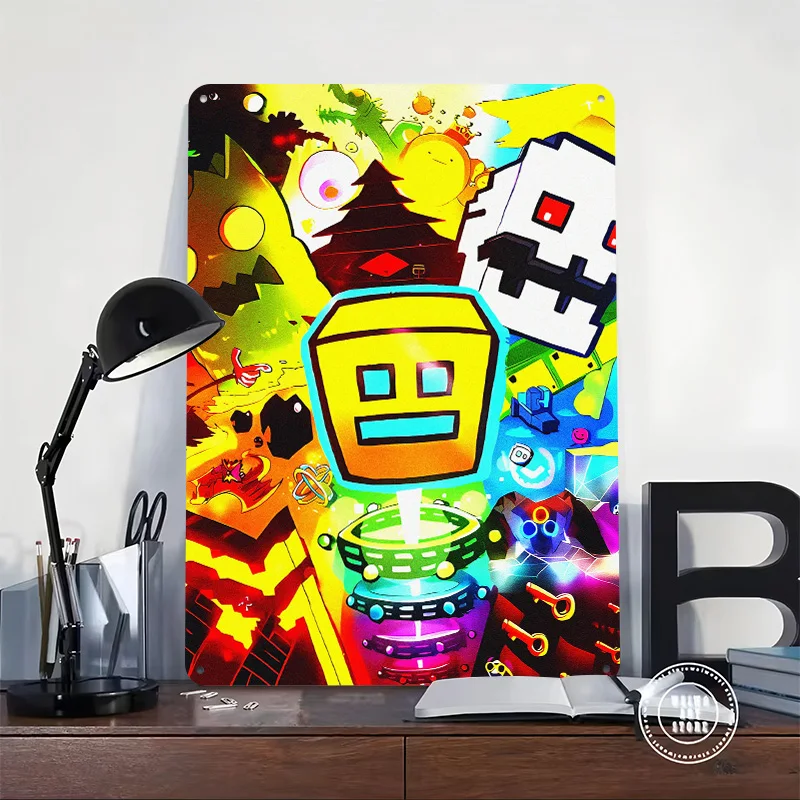 Geometry Dash Abstraktes Buntes Collage-Poster Individualisierte Wandkunst Vintage Metallschilder Retro Blechschild für Männerhöhle Haus Zuhause