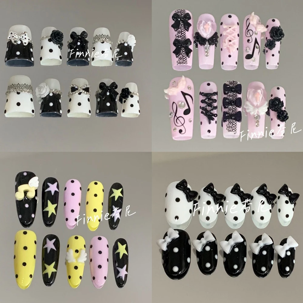 

10Pcs Sanrio Hellokitty Y2K Wings Polka Point Spice Girl Long Stiletto Coffin Press On Nails Handemade Spice Girl False Nails