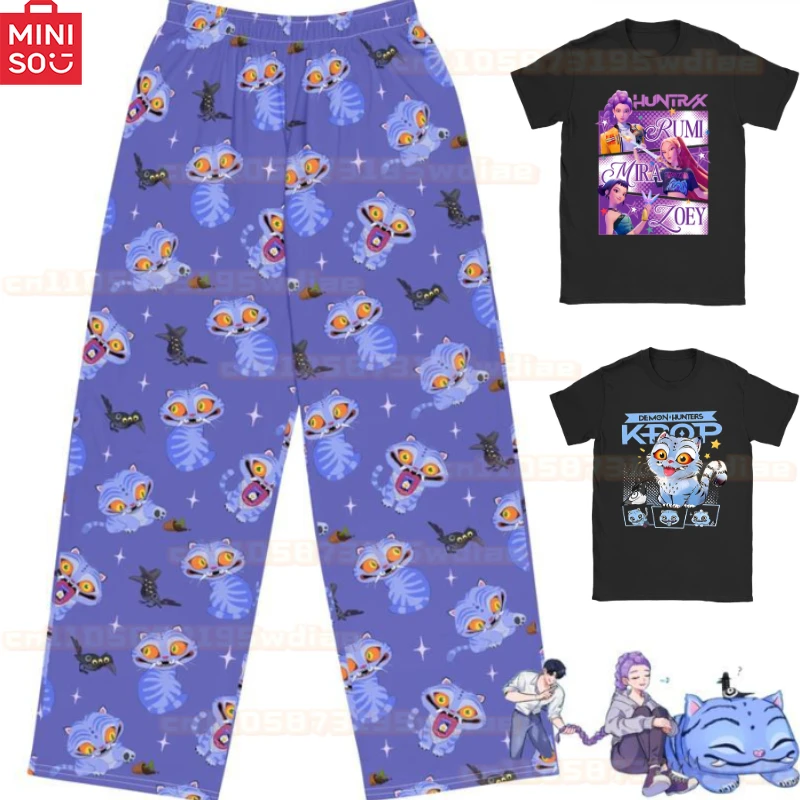 

MINISO 2025 Summer T-shirts pants Girls’ Halloween kpop Demon Hunters Costume Mira Rumi Zoey Stage Outfit Girl's clothing set