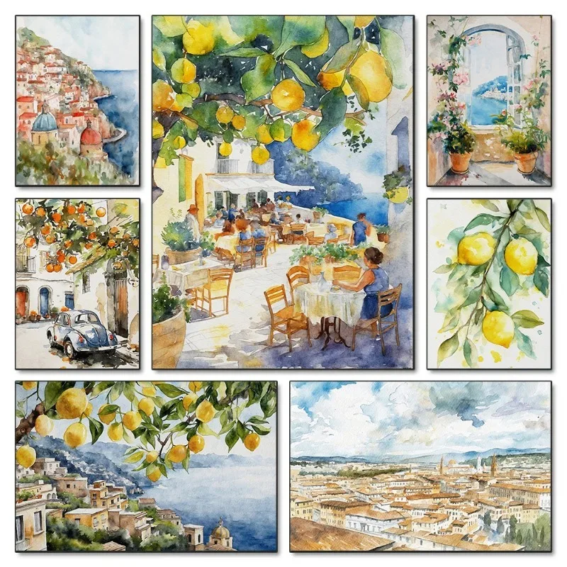 Retro Italian Positano Capri Amalfi Lemon Tree Coastal Cityscape Poster Canvas Painting Wall Art Pictures Home Interior Decor