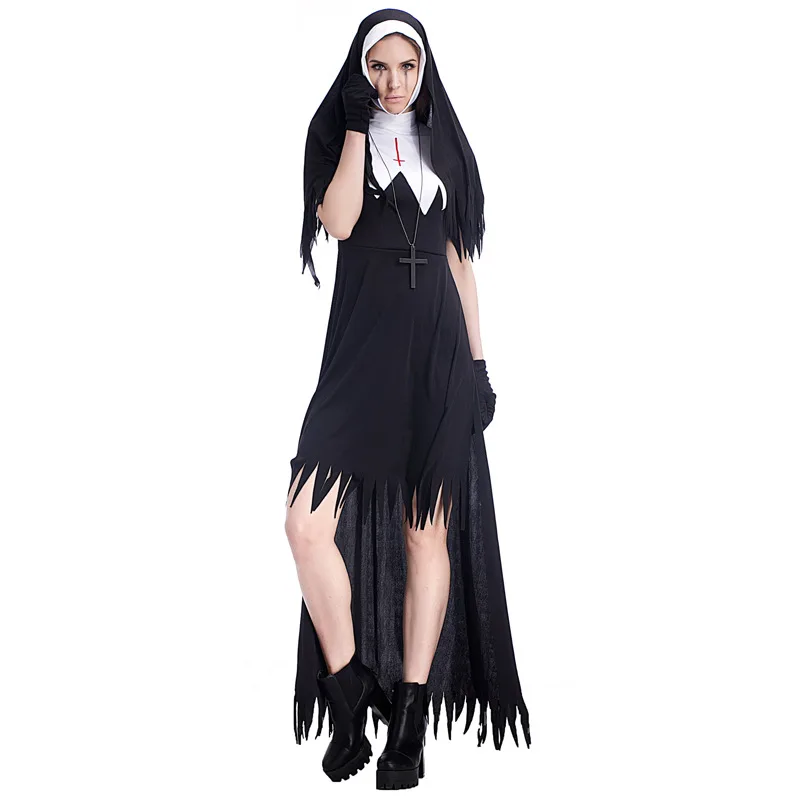 

Halloween Nun Cosplay Women Black Vampire Fantasy Dress Terror Sister Act Disguise Female Fancy Dress