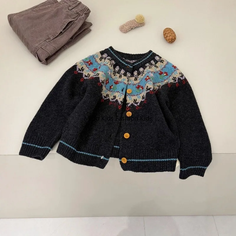 

Новое осеннее поступление для девочек, вязаный кардиган с цветными блоками, корейский стиль, винтажный модный универсальный топ для маленьких девочек, размер 90-140 см