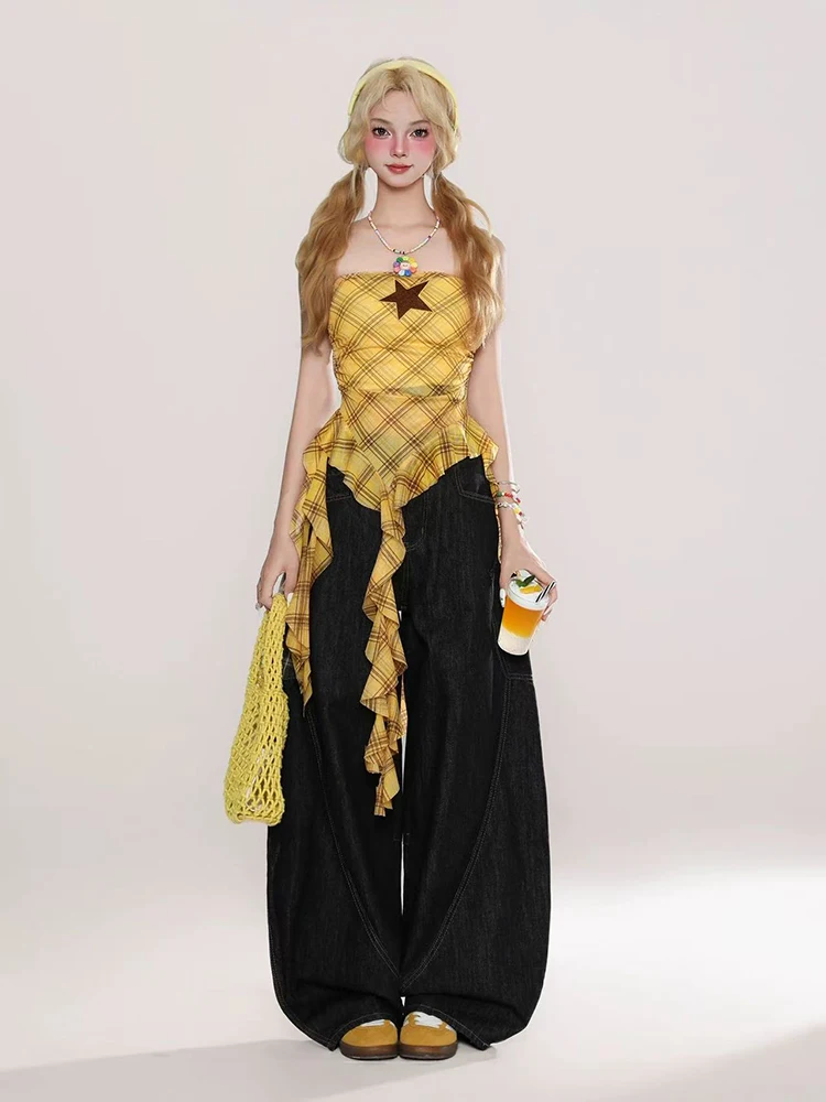 Star Embroidered Plaid Strapless Top Women Y2K Fashion Irregular Sexy Slim Camis American Streetwear Hot Girl Sleeveless Tops