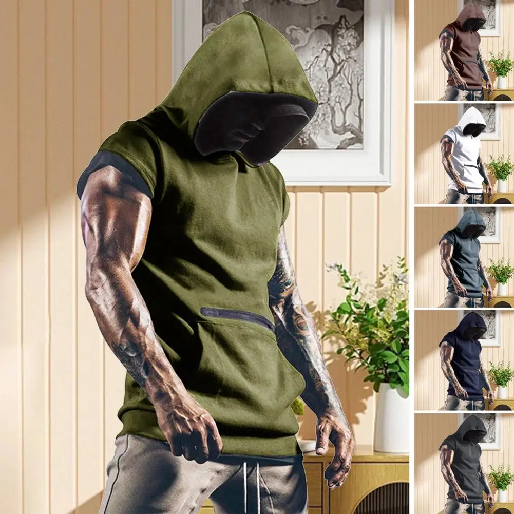 Trendy Hoodie Vest Stretchy Sweatshirt Vest Front Pocket Men Bodybuilding Sleeveless Hooded Tank Top  Moisture Wicking