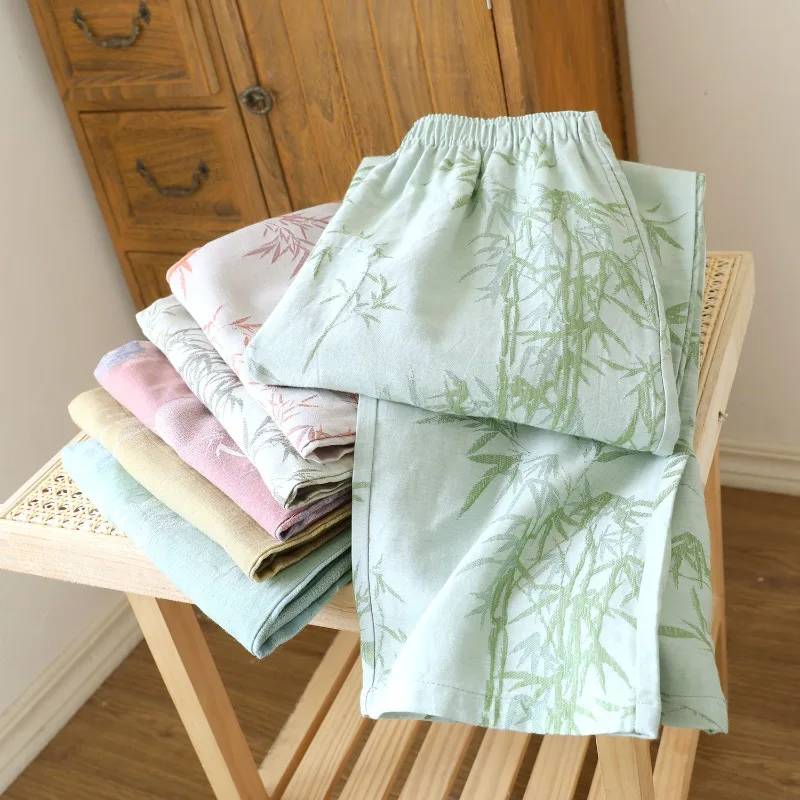 Retro Double-sided Jacquard Pajama Pants Elastic Waist Cotton Gauze Thin Trousers Women's Loose Leisure Home Sleep Bottoms