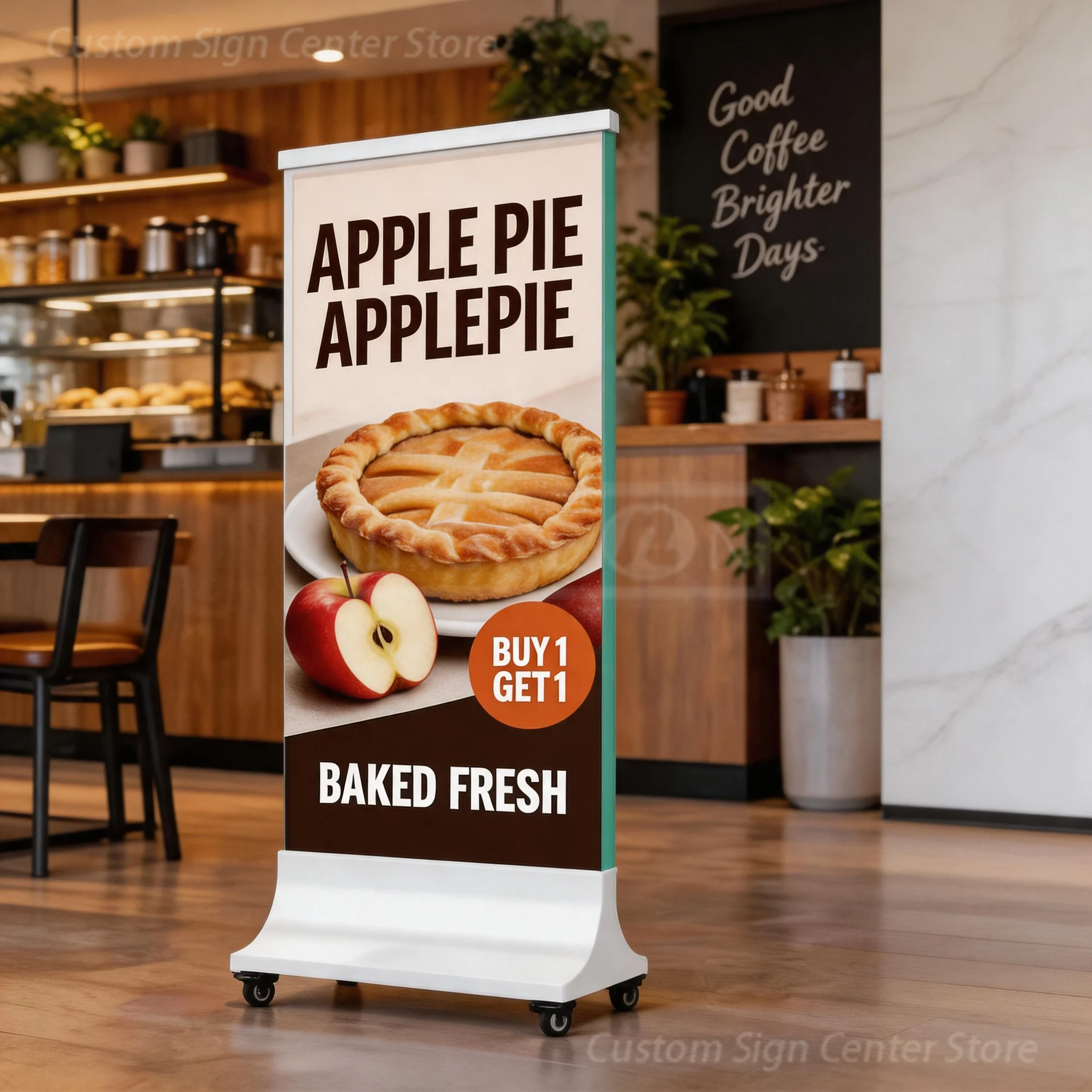 Custom Mobile Poster Stand Apple Pie With Wheels, Roll-up Banner Display for Dessert Shop Mall Promotion Advertising