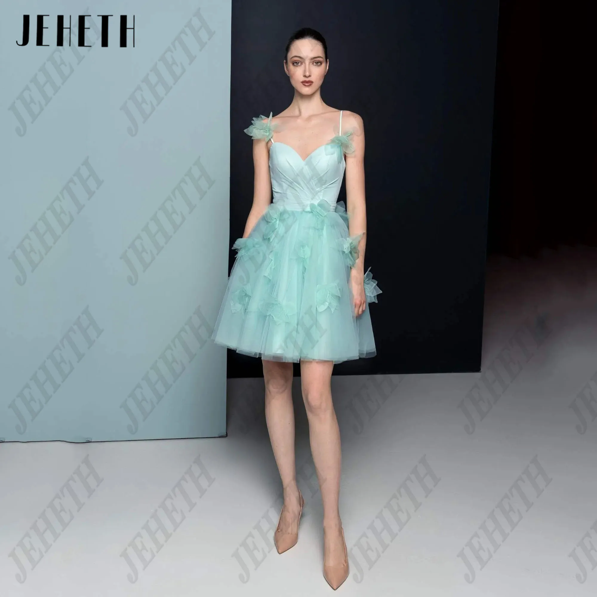 

JEHETH Flower Lace Mini Prom Dresses V-Neck Sleevless Tulle Embroidered Lace Homecoming Party Dress Evening Dress Customized