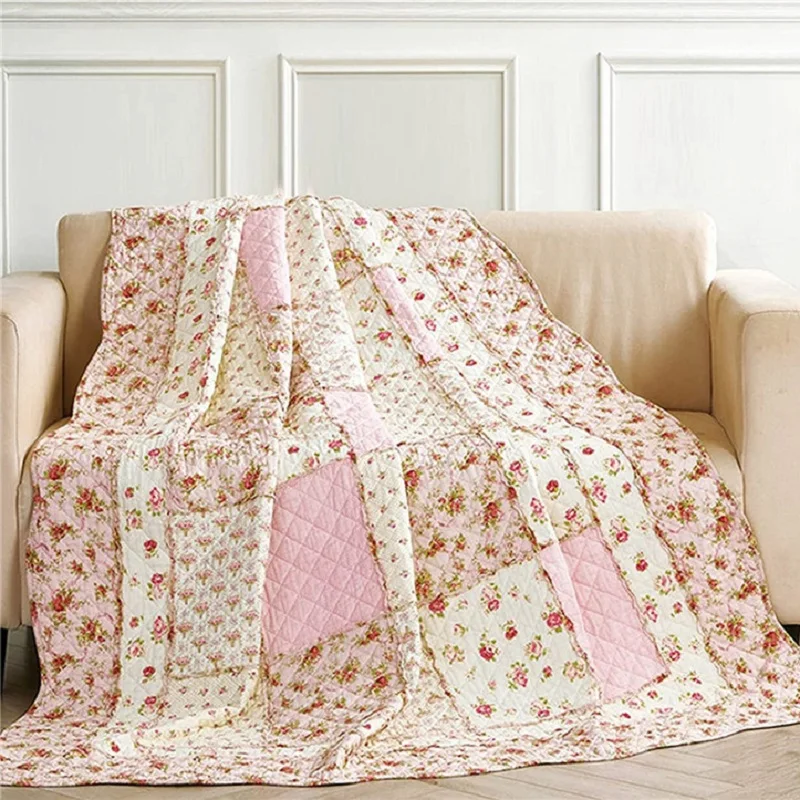 100% Cotton Patchwork Quilt Full Size Pink Floral Bedspread Coverlet Reversible Home Bed Cover Shabby Chic Quilted Blanket Throw