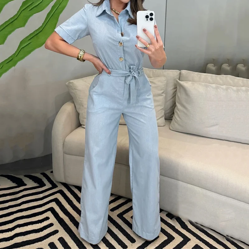 Wefads Jumpsuit Summer Women Casual Solid Short Sleeve Lapel Single Breasted Button Lace Up Nipped Waist Romper Streetwear