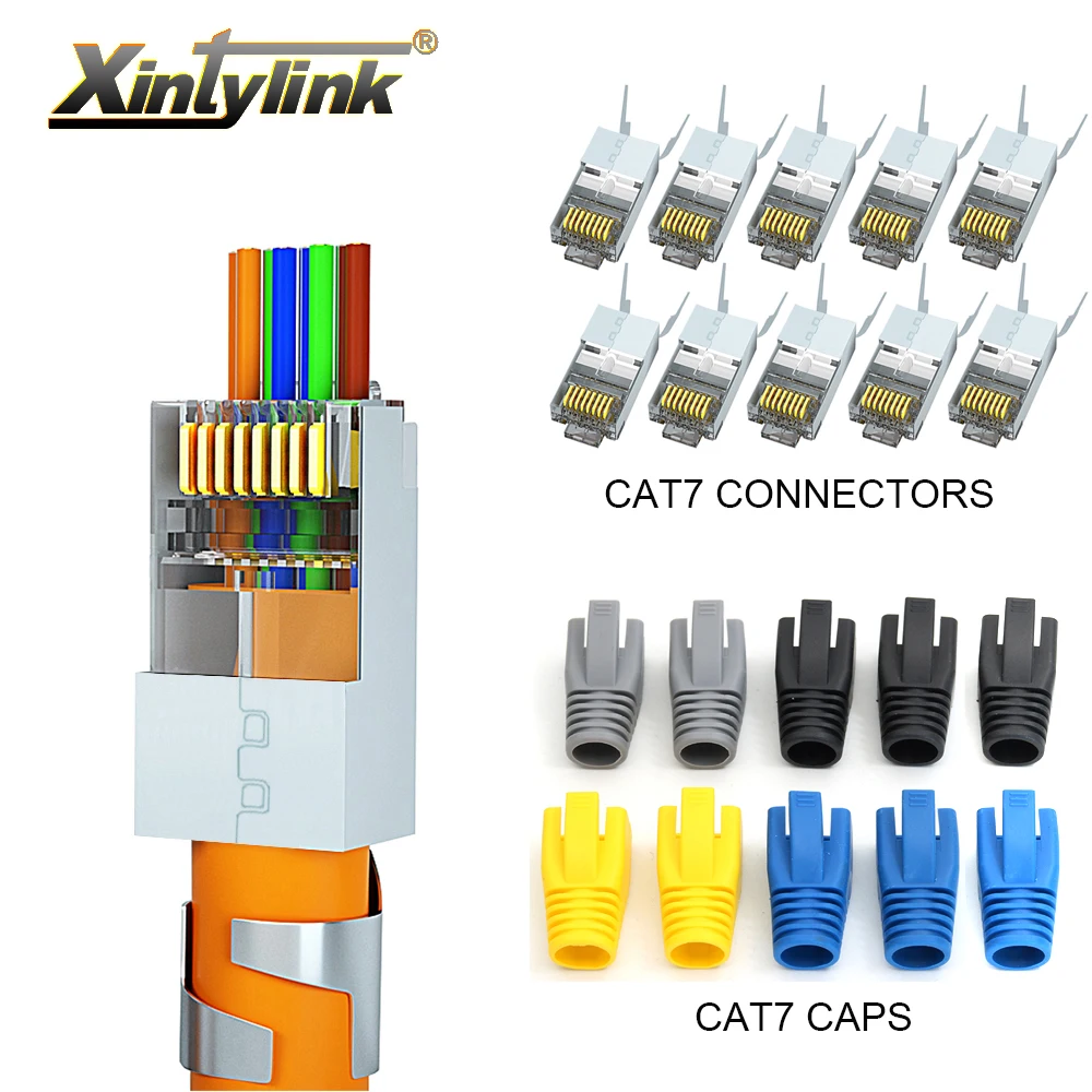 

колпачки + разъем CAT7 CAT6A rj45 50U RJ 45, штекер кабеля Ethernet, сетевой SFTP, FTP, экранированный разъем, отверстие 1,5 мм, сквозной xintylink