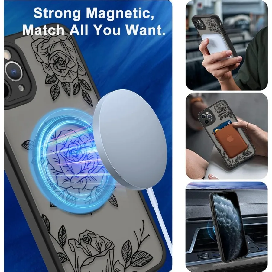 حافظة مغناطيسية رفيعة شفافة غير لامعة مع نمط وردة زهرة سوداء لهاتف iPhone 11 Pro Max 6.5 - متوافقة مع MagSafe Enhance