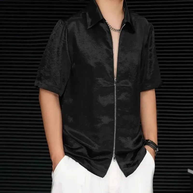 

LIBIELIY New Summer High-end Pleated Textured Zipper Short-sleeved T-shirt For Men's Light Luxury Trend Solid Color Cardigan Top