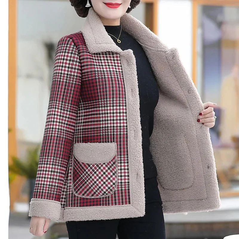 

Autumn Winter Jacket Women Fleece Imitation Lamb Wool Coat Velvet Warm Cotton Padded Jacket Middle-aged Mother Female Outerwear