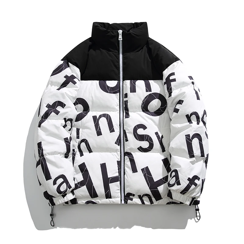 

Winter Men Parka Letter Print Couple Same Style Patchwork Fashion Brand Loose Thick Warm Padded Jacket High Quality Puffer Coat