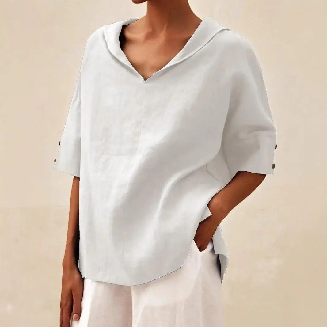 Camisa con Capucha de Lino y Algodón Duya para Mujer, Estilo Casual, Color Puro, Cinco Mangas, Ropa Femenina Cómoda, Transpir...