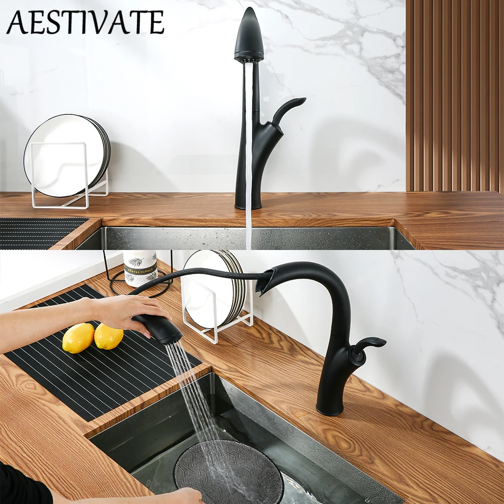 

Matte Black Kitchen Faucet Two Function Single Handle Pull Out Mixer Hot and Cold Water Taps Deck Mounted Single Hole