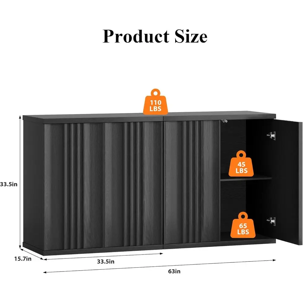 خزانة بوفيه سوداء حديثة مع أرفف قابلة للتعديل، عريضة 31.5، لغرفة المعيشة والمطبخ