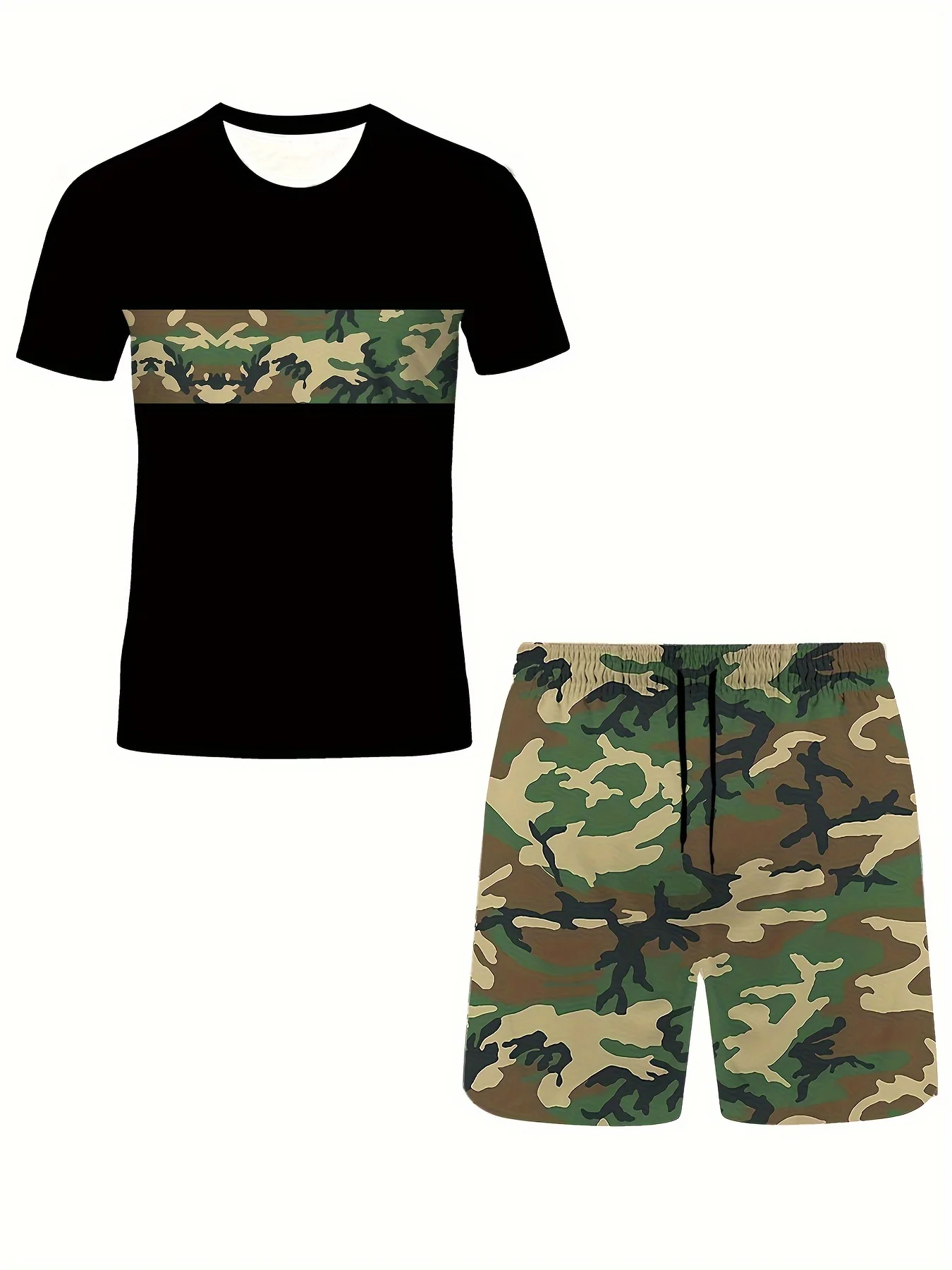 Conjunto de camiseta e shorts de camuflagem verde masculino, impressão 3D, camiseta de manga curta, shorts de praia, agasalho grande, roupas, verão, novo, 2 peças