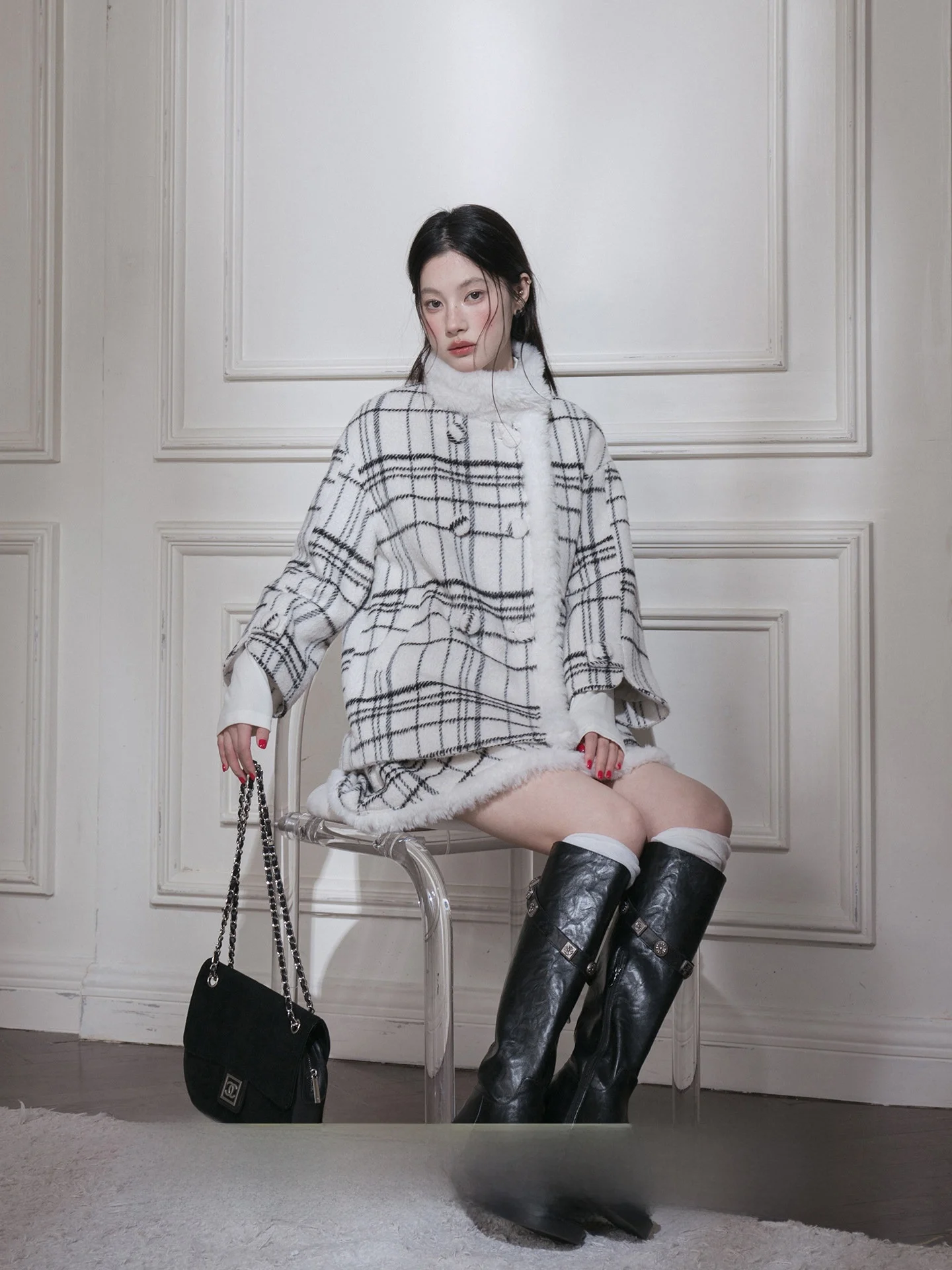 

COTRE Ele Plaid Woolen Vest Dr Set High Collar Button Detail Winter Faion Women's Outfit Casual Formal Suitable