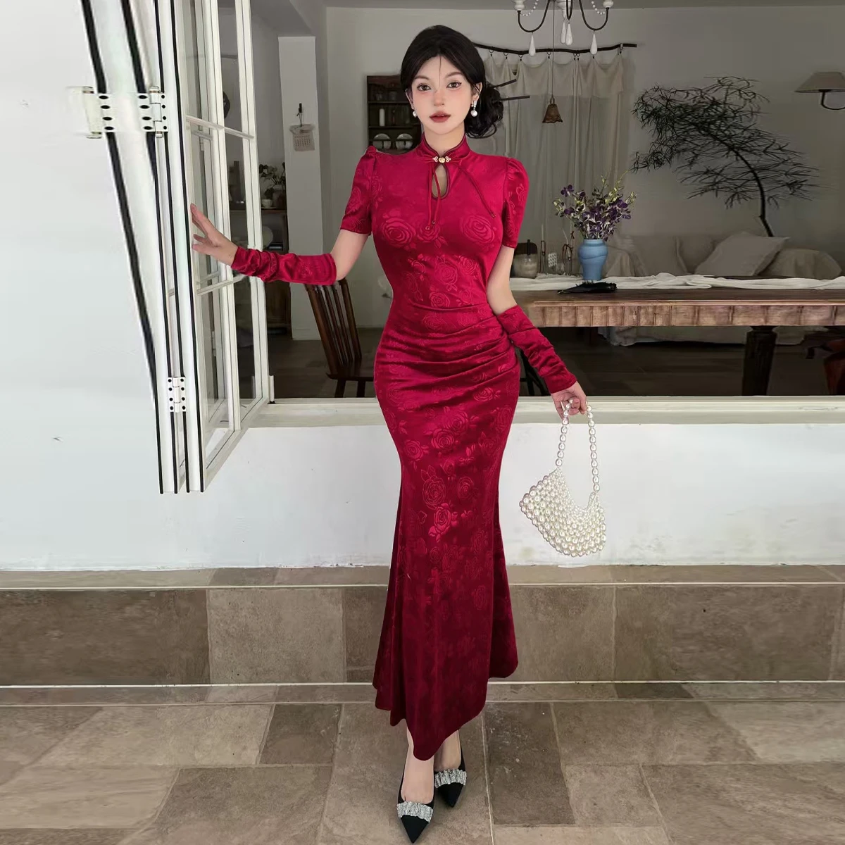 

Ele Velvet Sexy Fi Tail Sve Dr Ретро шинуазри облегающее платье для женщин пар осень-зима длинная юбка Dr