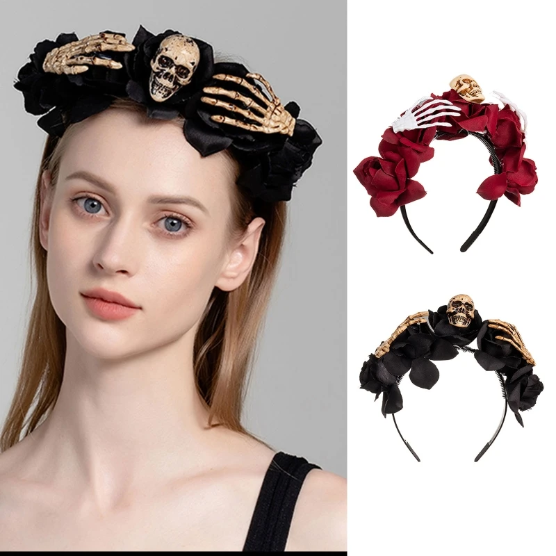 Fairy Halloween Day of the Dead Headband Bloomy Rose Floral Crown Scary Spider Skull Festival Party Hair Hoop Mexican Headpiece