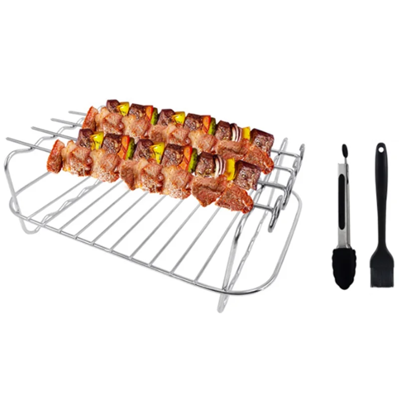 ABKR-Air Fryer Rack สําหรับ Ninja Dual Air Fryer,ชั้นวาง 2 ชิ้น 4 Skewers,แปรงและคลิป, สําหรับตะกร้าคู่ Air Fryers