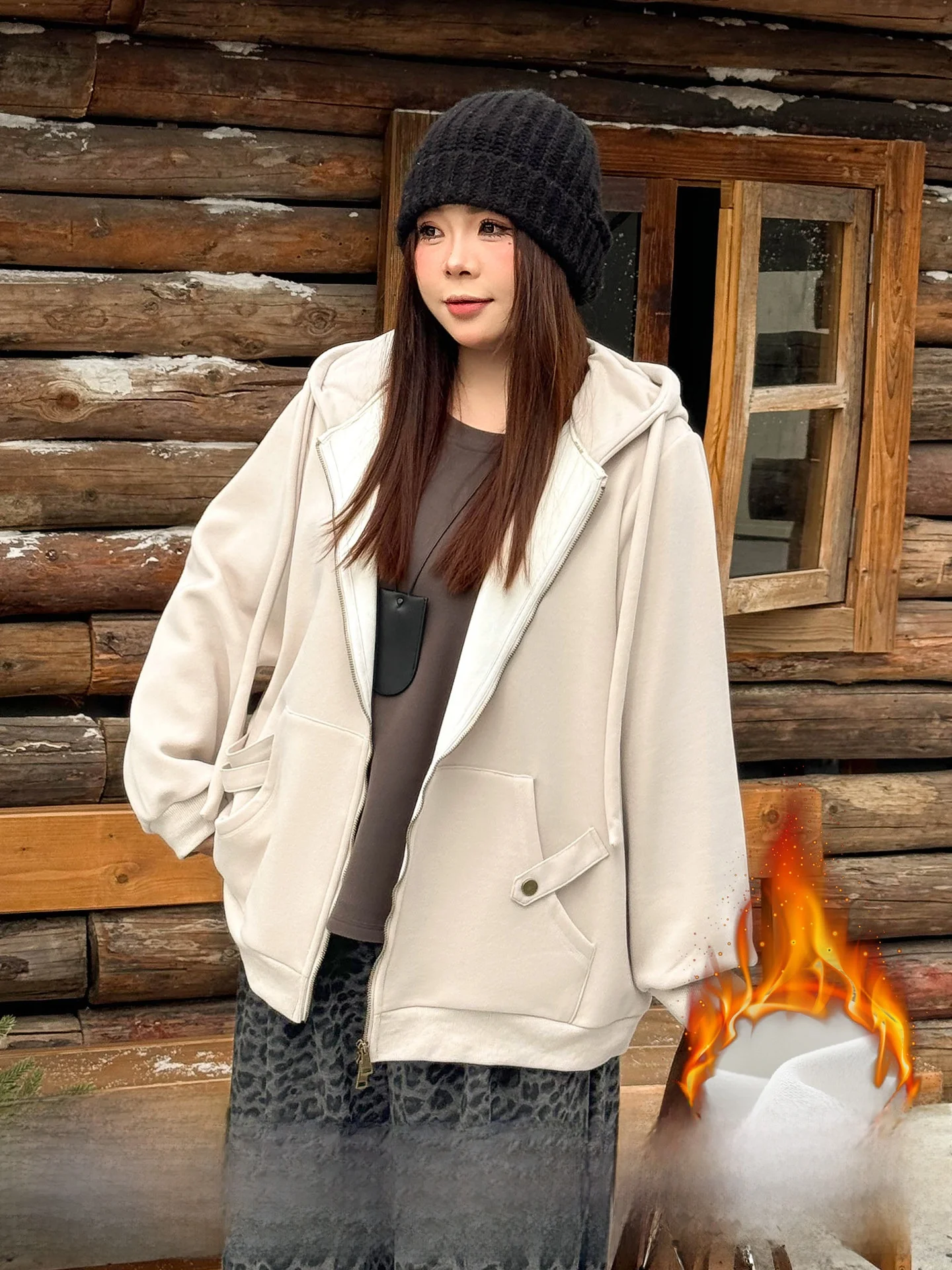 

plus Size Women's Commuter Hoodie Spring Season Warmth Outerwear Loose Fit Fce Lined Open Cardigan Long Sve Zipper Closure