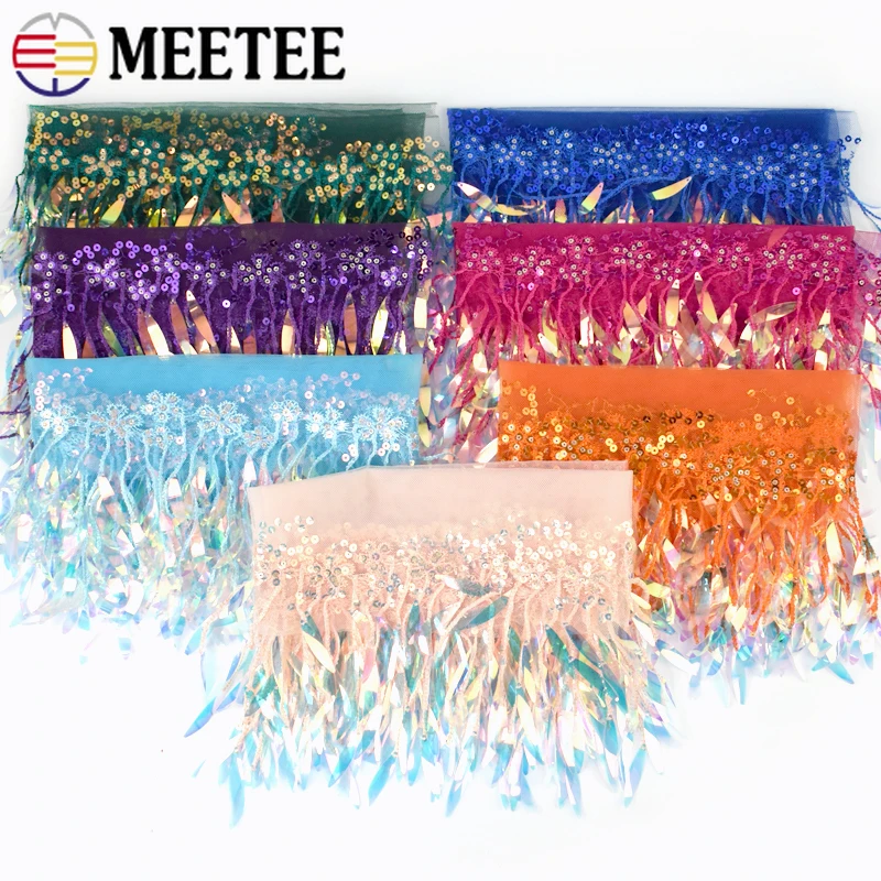 2-10Yards Meetee 15cm Sequins Tassel Fringe Mesh Lace Trims for Sewing Latin Dress Wedding Clothes Decorative Fringes Trimming