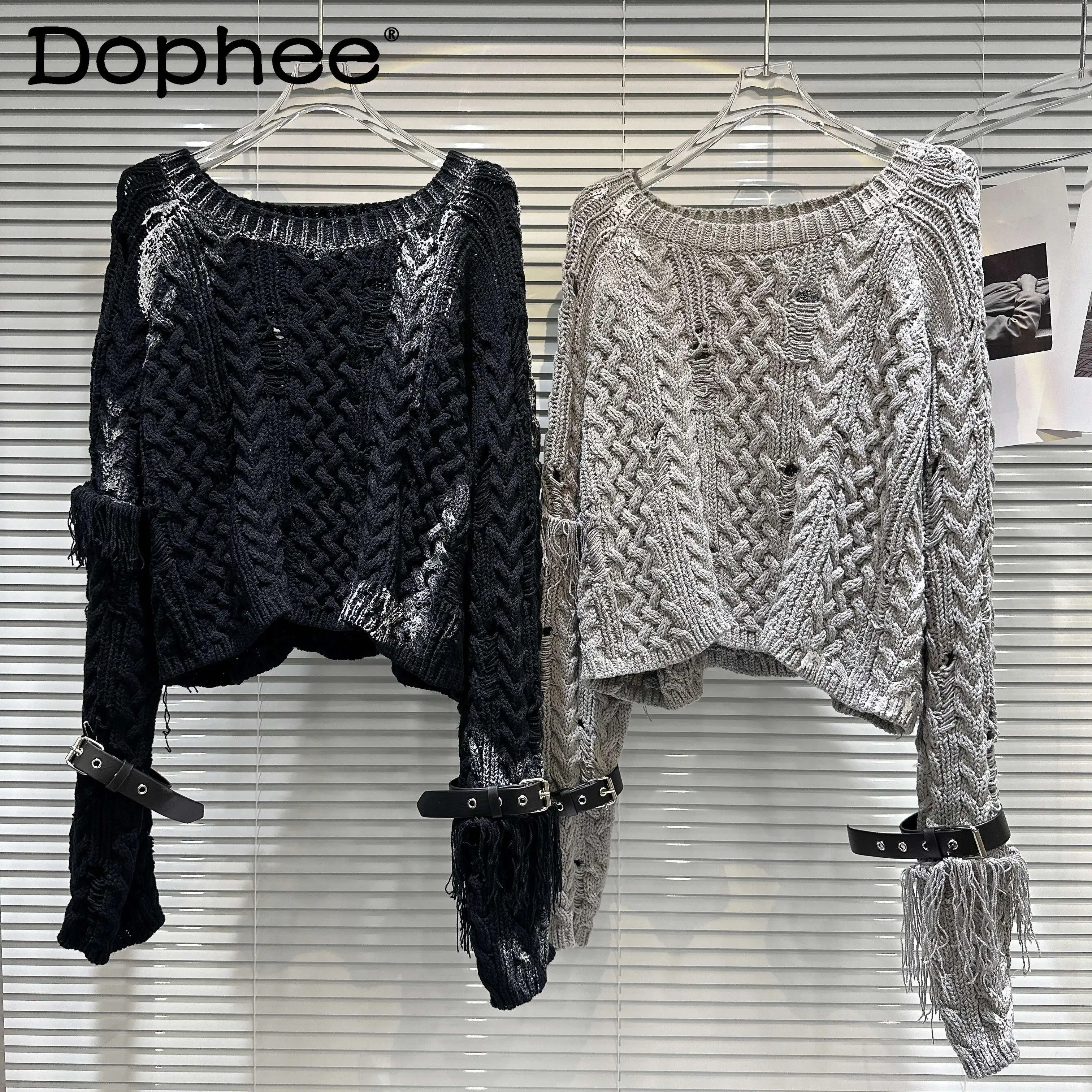 

Korean Style Sexy Girl Belt Buckle Long Sleeve Thick Sweater 2024 Autumn New Street Hipster Crew Neck Ripped Short Knitting Tops