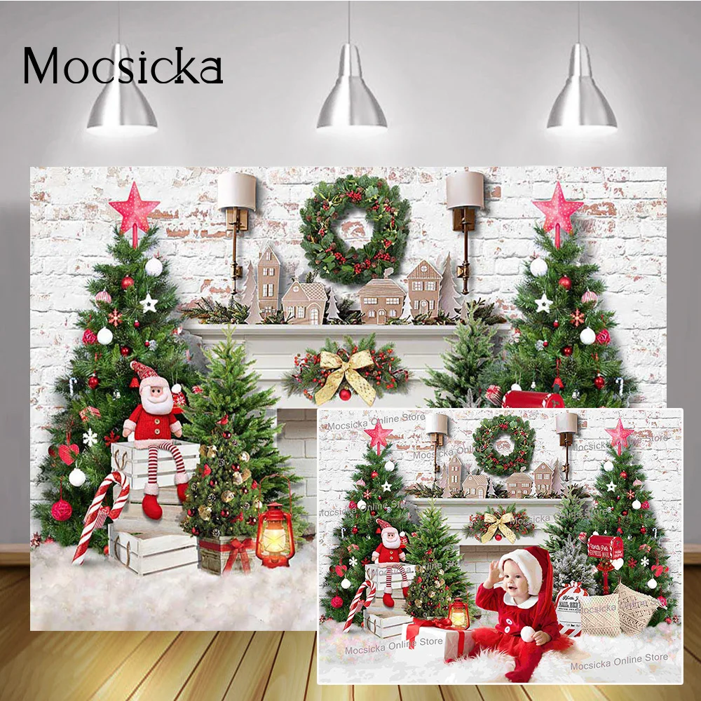 

Xmas Backdrop Retro Brick Wall Christmas Trees Toys Portrait Background Fireplace Winter Family Holiday Party Banner Supplies