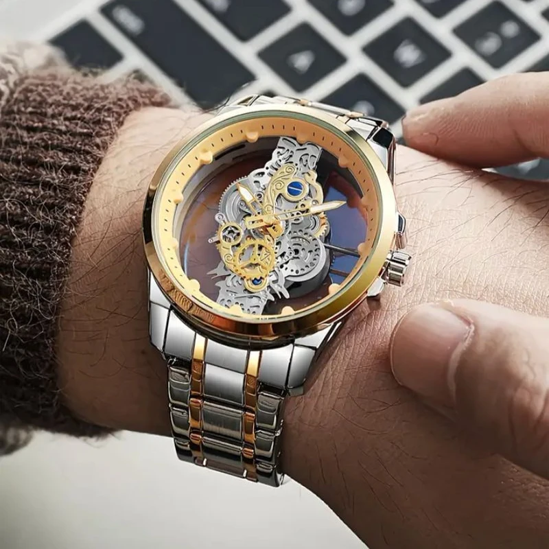 Men's watch double-sided transparent hollow quartz watch