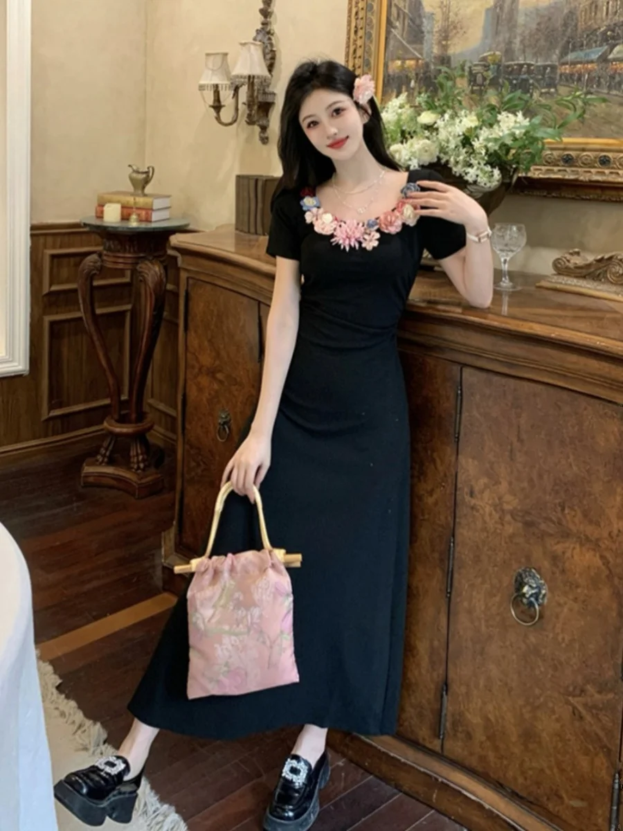 

plus Size Women's Bla Hepburn Sle Dr with 3D Flower Embelliment A-Line Long Summer Dr Slimming Waist Design