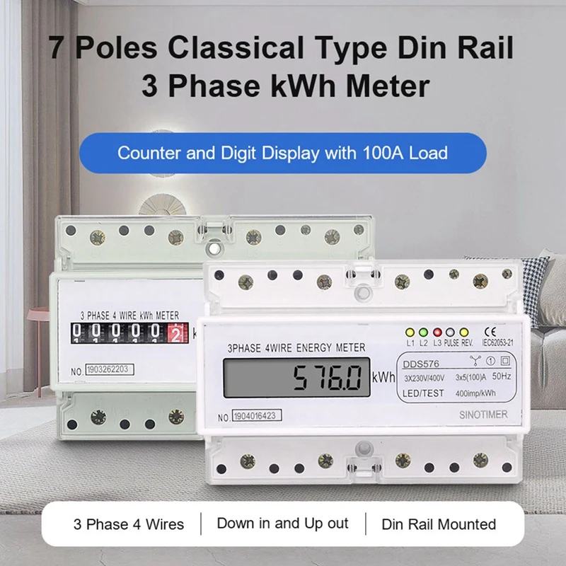 Three Phase 4 Wires Digital Power Electric Electricity Meter DIN Rail Mount AC 380V 400V A