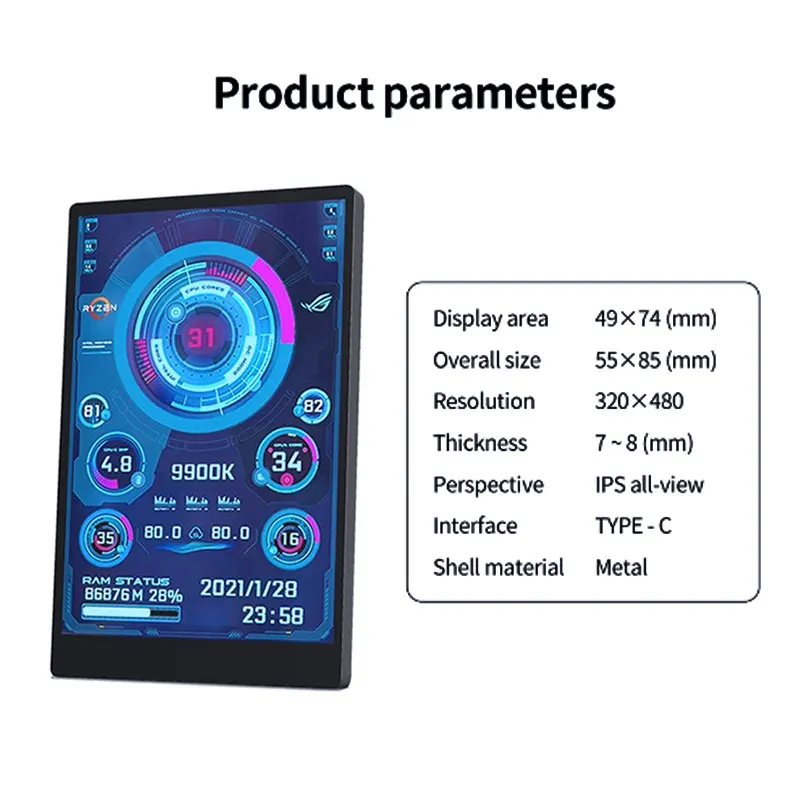 3.5 Inch IPS Type-C Secondary Screen for Computer CPU GPU RAM HDD Display USB LCD Monitor No Use AIDA64