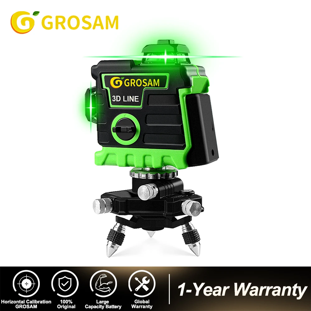 GROSAM Laser Level 12 Lines 3D Green Laser Level Self-Leveling 360 Degrees And Vertical Cross Lines Green Laser Beam Lines