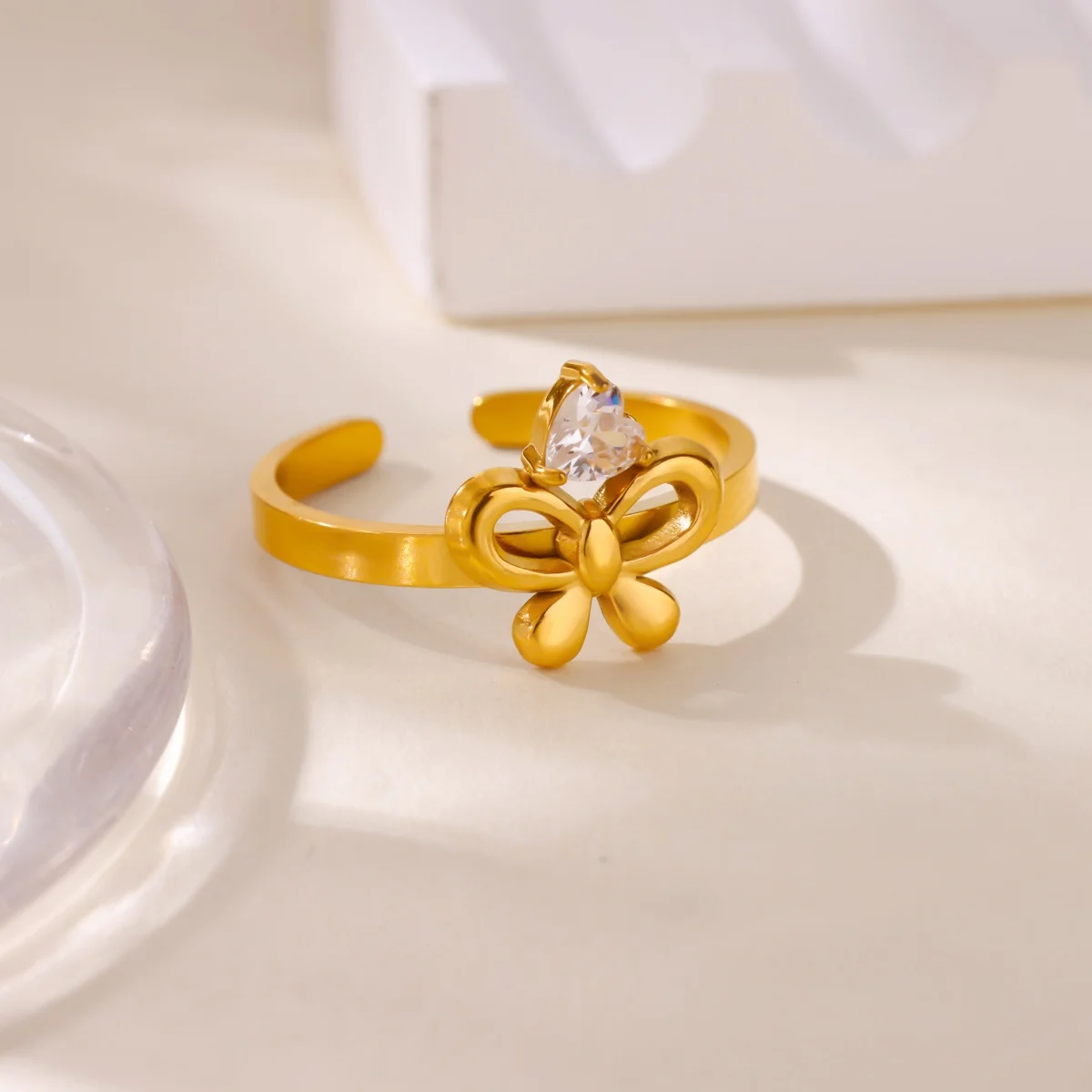 Stainless Steel Bowknot Rings For Women Men Gold Color Zircon Water Drop Opening Bow Ring Aesthetic Jewellery Fashionable Party