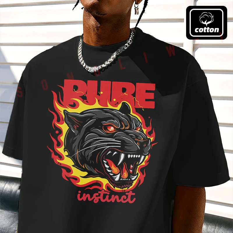 Camiseta de algodón para hombre con diseño de cabeza de Puma envuelta en fuego, camiseta de moto, camiseta informal de manga corta para hombre