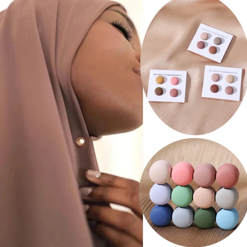 RetroGem Solid Color Matte Silk Shawl Scarf Magnetic Brooch Hijab for Women Muslim Strong Magnetic Round Button Turban Ornament