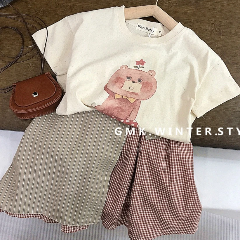 

Girls Suit 2025 Summer New Childrens Clothing Korean Girl Baby Cartoon Printed Short-sleeved T-shirt Stitching Skirt Two Sets