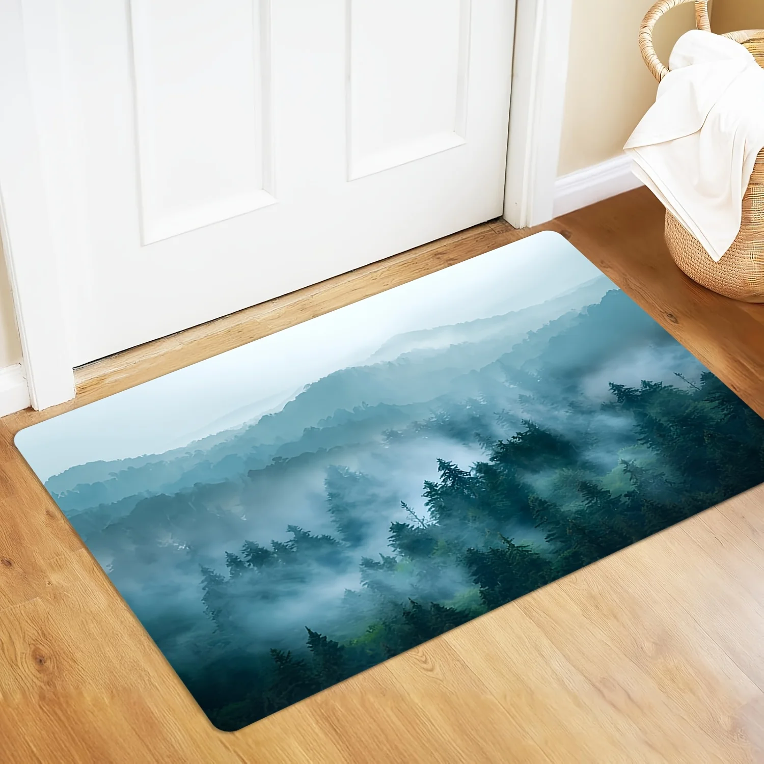 Morning mist and mountain patterned floor mat, machine washable polyester, suitable for living room, bedroom, bathroom office.