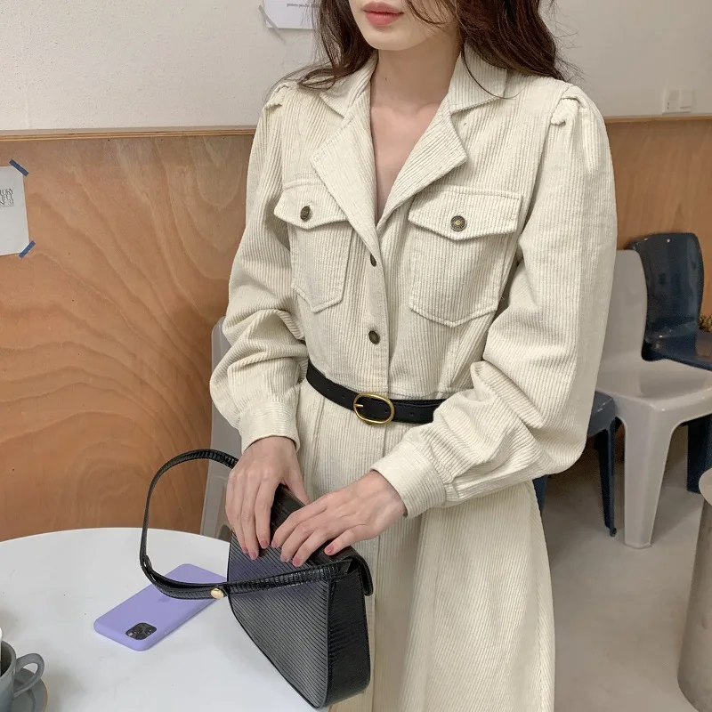 Women Autumn Elegant Long Corduroy Shirt Dress with Belt 2022 Female Full Sleeved Single Breasted Slim Waist A-line Midi Dresses