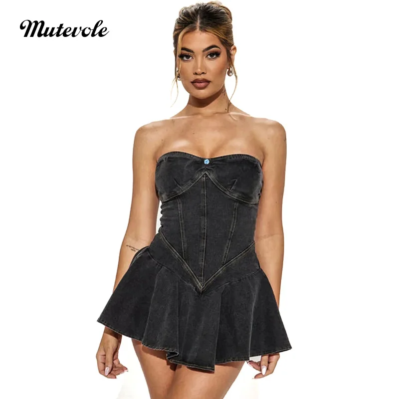 

Mutevole Sexy Strapless a Line Denim Mini Dress Women Back Zipper Sleeveless Jeans Dress