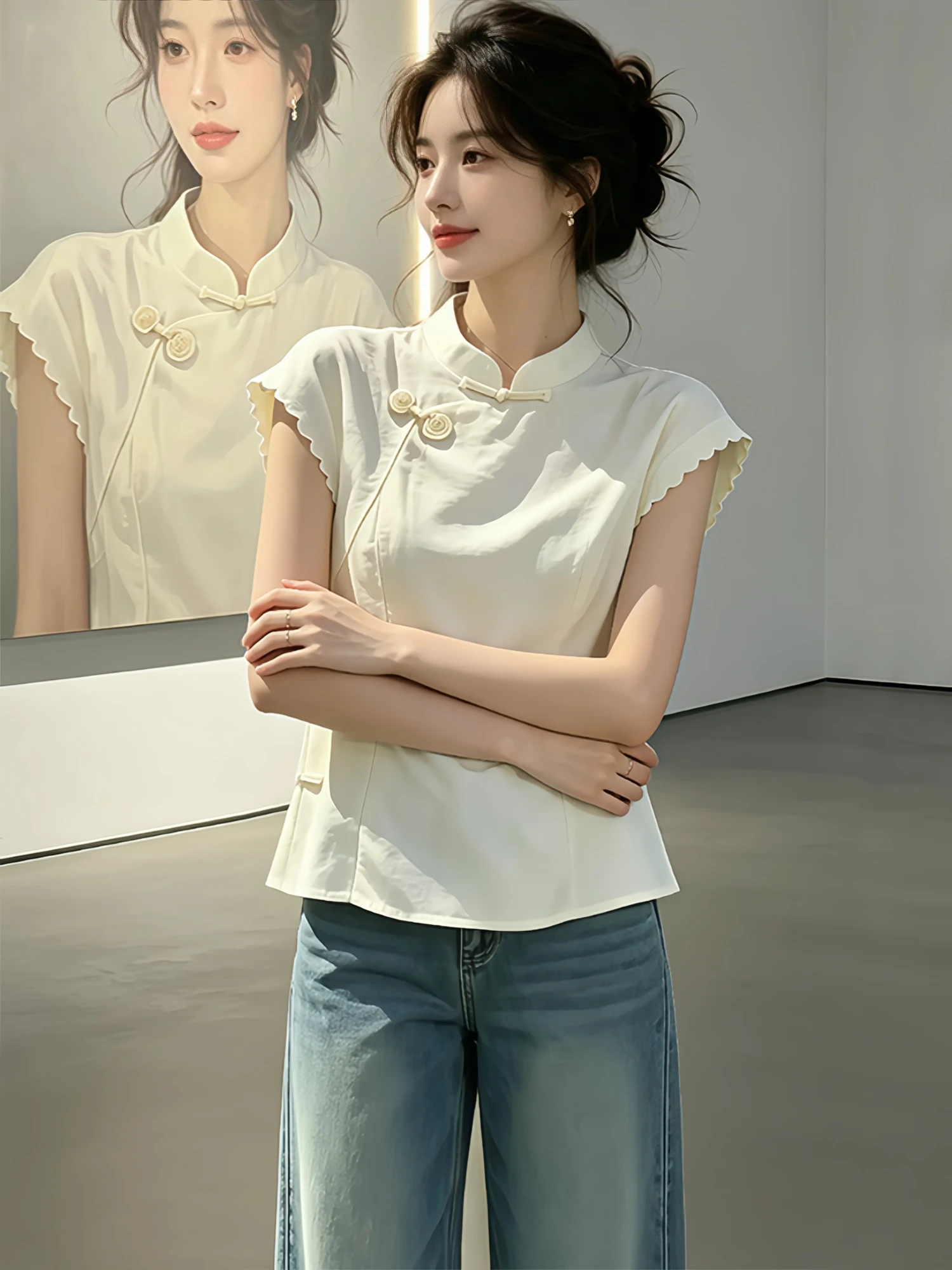

Elegant Slimming Pure Color Short Sleeve Shirt New Chinese Style Stand Collar Button Detail Women's Fashion Summer 2026 Top