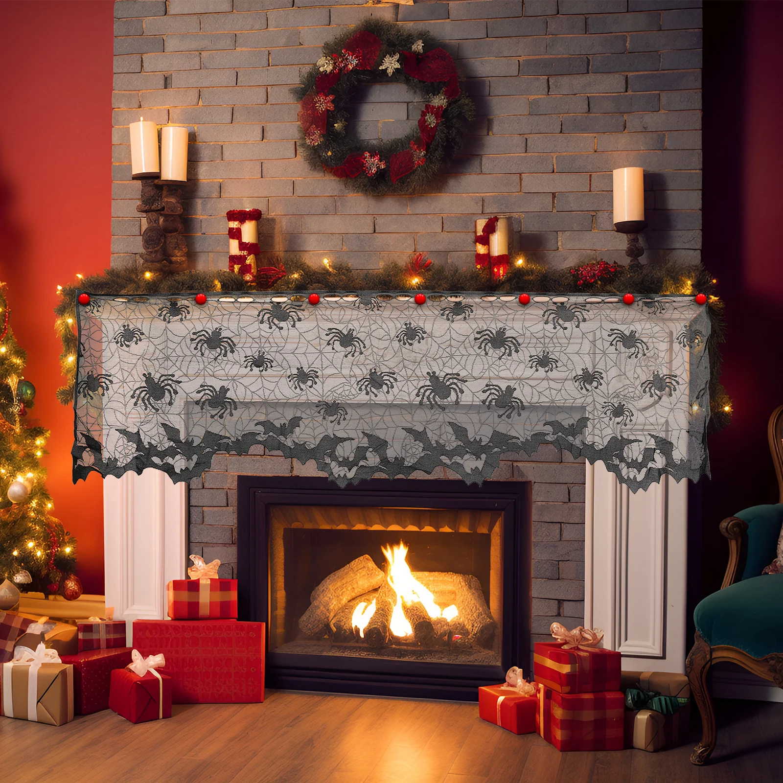 

Halloween Bat Spider Web Lace Window Curtain Door Fireplace Cloth Decor Black Ghost Festival Party Theme Bats Spiders Bat